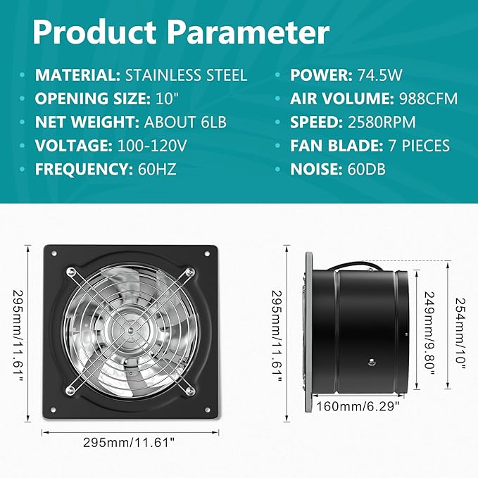 HG Power 10 Inch Metal Exhaust Fan with Switch, 988 CFM Powerful Garage Exhaust Fan with Damper, Potable Wall Mount Fan Fume Extractor Ventilation Fan for Shop, Shed, Basement, Chicken Coop, Black
