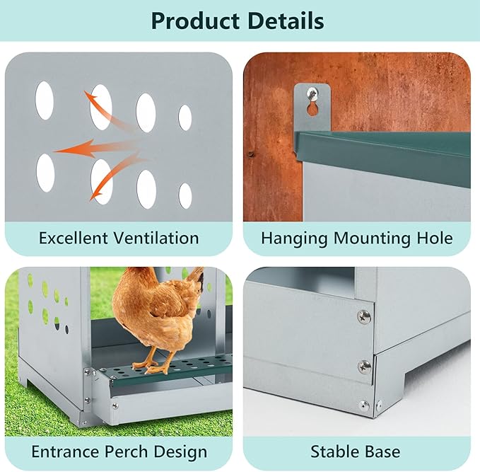 Chicken Nesting Box for Laying Eggs - 4 Room Chicken Laying Boxes, Nesting Boxes for Chickens, Heavy Duty Metal Chicken Coop (22.05" L x 16.92" W x 25.59" H)