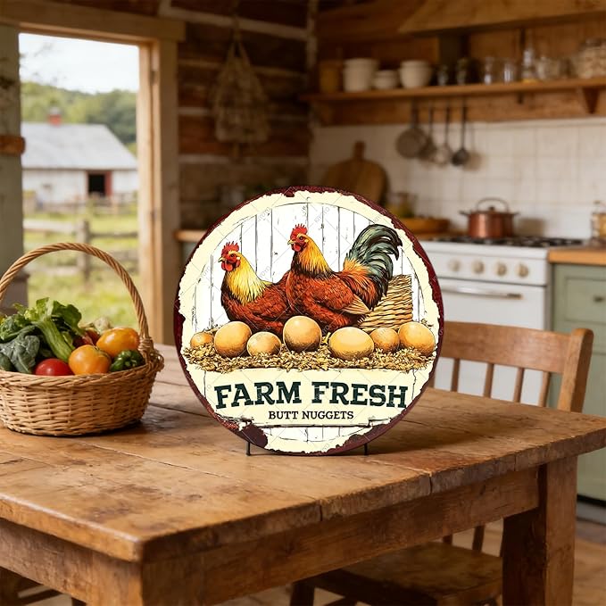 Antique Farm Fresh Eggs Metal Tin Sign Rustic Chicken Coop Decor Vintage Round Wall Art For Farmhouse Kitchen Outdoor Patio Retro Plaque 12 Inch