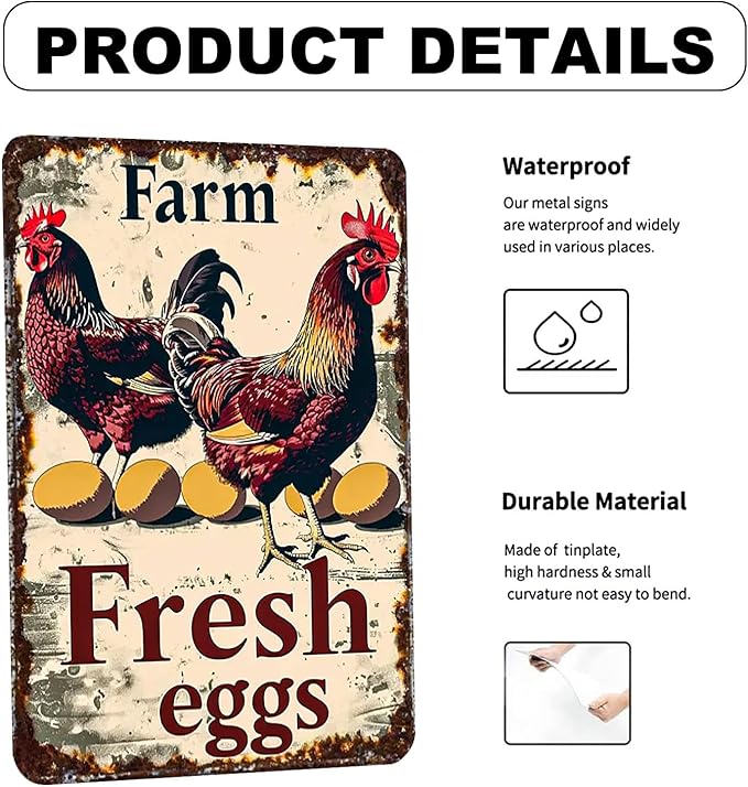 Metal Chicken Sign Chicken Coop Signs Vintage Tin Signs Funny Chicken Sign Rustic Farm Fresh Eggs Sign Chicken Poster Farmhouse Kitchen Decor Chicken Coop Decor Kitchen Wall Art Chicken Gifts