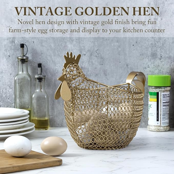 MyGift Vintage Brass Tone Metal Wire Fresh Egg Gathering Basket in Decorative Chicken Shaped Design, Farmhouse Easter Decor Egg Display Storage Basket for Counter