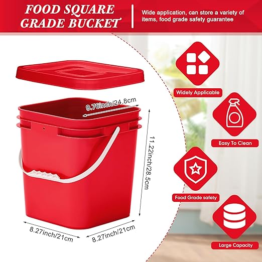 Mumufy 5 Pcs 3.5 Gallon Square Food Grade Bucket with Lid Square Bucket Pail Plastic Handles for Long Term Food Storage, Camping, Fishing, Home Organization Easy Stack and Store (Red)