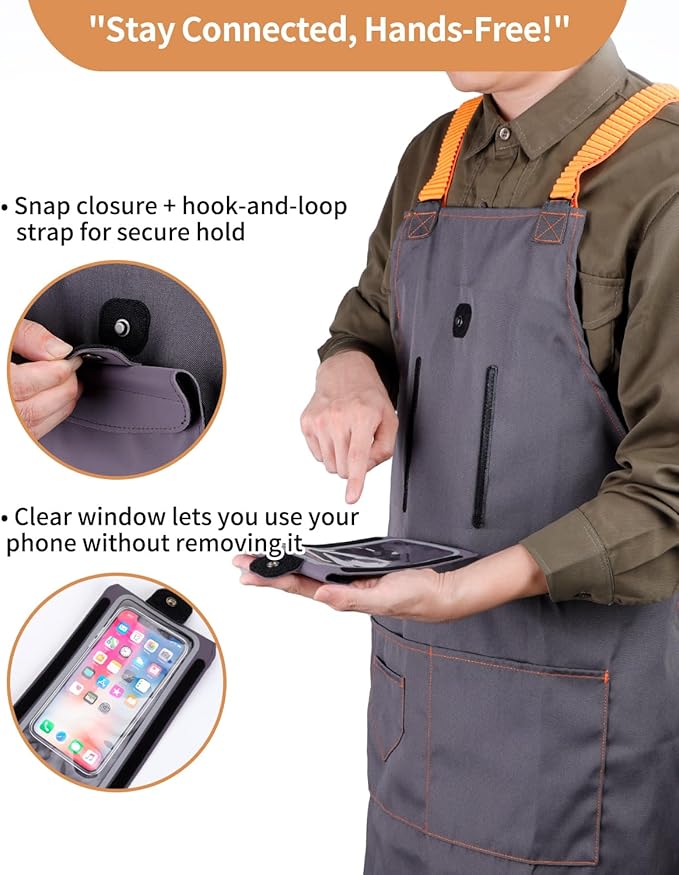 Adjustable Work Apron with Secure Multi Phone Pocket - Design for Cooking, BBQ, Gardening, Carpentry, Bartending, Serving