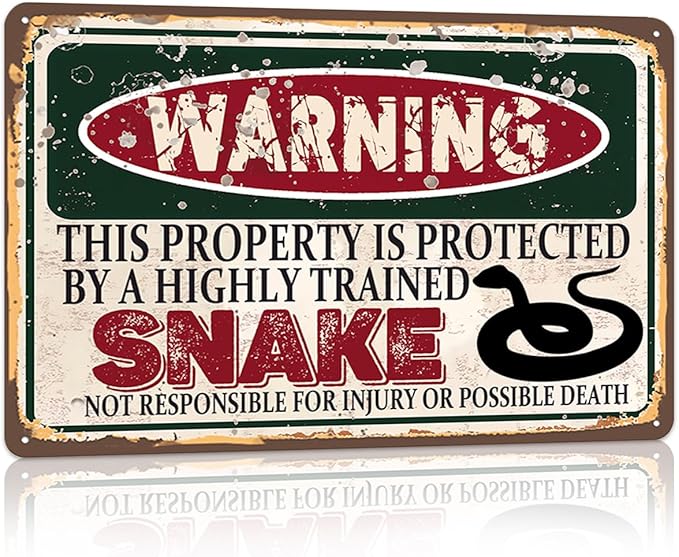 Vintage Snake Metal Sign， Warning this property is protected bY a highly trained Snake Sign Funny Tin Signs 12x8 Inch