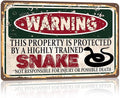 Vintage Snake Metal Sign， Warning this property is protected bY a highly trained Snake Sign Funny Tin Signs 12x8 Inch