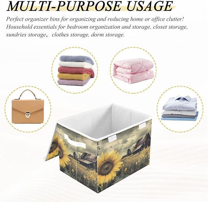 Sunflower Farm Storage Basket Bins with Lid, Collapsible Flip-top with Handle for Home Office 16.5×12.6×11.8 in