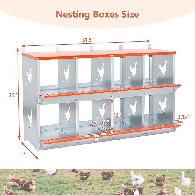 Chicken Nesting Boxes 8 Hole Roll Away Nesting Boxes with Vented Holes & Soft Nesting Pads Wall Mountable Laying Boxes for Hens Easy Egg Collection for Chicken Coop, Backyard, Farms, Orange