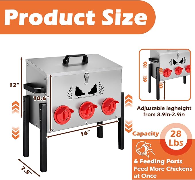 Large Capacity Automatic Chicken Feeder, 6 Port Chicken Feeder, 28LB Metal Chicken Feeders with Locking Lid & Adjustable Legs, No Waste Chicken Feeder, Silver