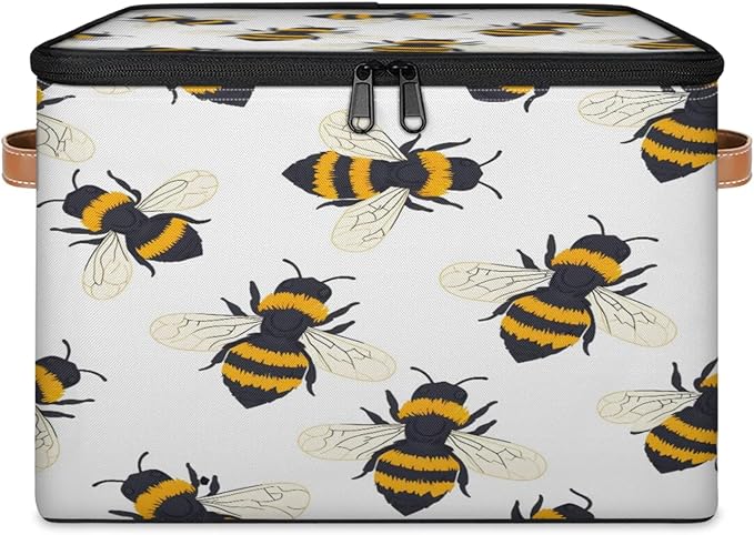 Storage Cubes with Lid Fabric Storage Bins Boxes PU Leather Handles, Cute Bee Closet Organizer Container Foldable Washable Shelf Cloth Basket, Honey Bee