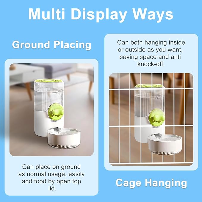 Auto Gravity Siphon Water Dispenser for Cage Hanging, 34OZ Capacity Hanging Automatic Pet Cage Waterer, Water Bowl for Cats Dogs Rabbit Ferret Chinchilla Bird Hedgehog Guinea Pig (Light Green)