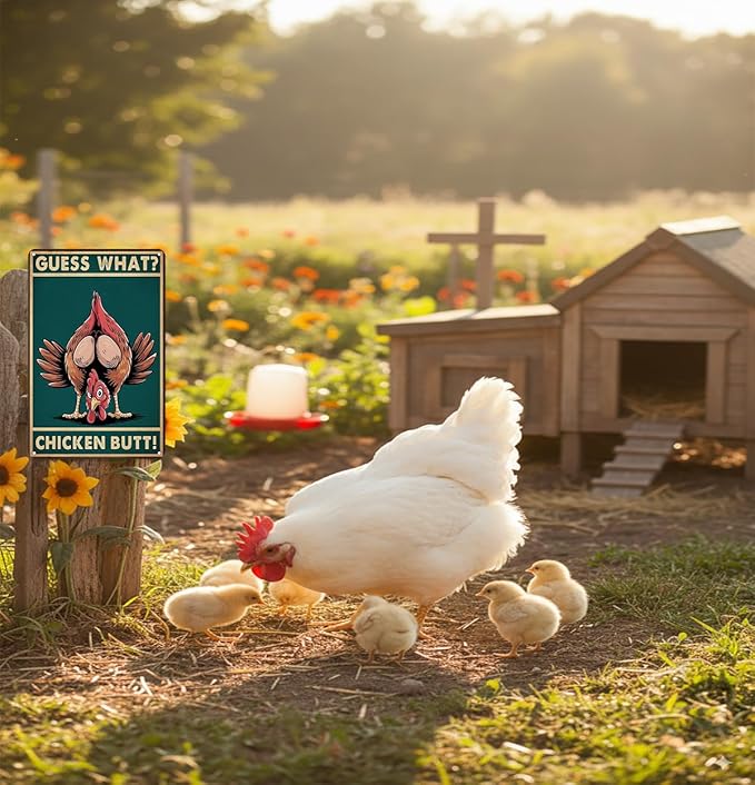 Funny Chicken Sign Guess What Vintage Tin Sign for Home Farm Chicken Coop Kitchen Garden Yard Decor 8X12 Inch(3935)