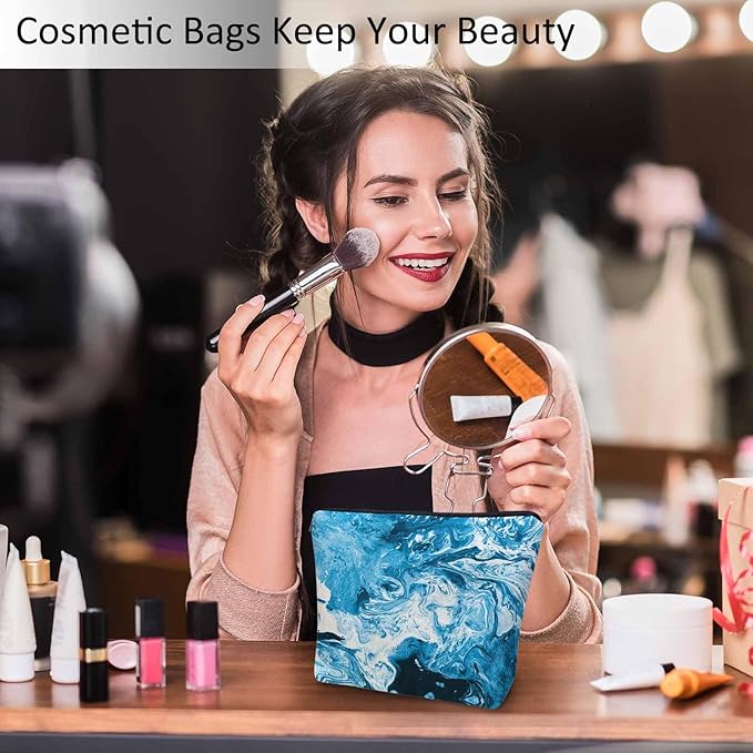 Marble Pattern Makeup Organizer Bag Cosmetic Bag For Men Women, Abstract Ocean Sea Water Marble Blue Travel Toiletry Bag Flax Makeup Bags Purse Business Makeup Pouch For Toiletries Cosmetics