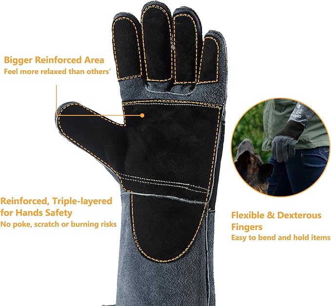 COOLJOB Kevlar Bite Proof Animal Handling Gloves for Cat Grooming, Dog Training, Leather Protective Gloves for Men, 16/22"