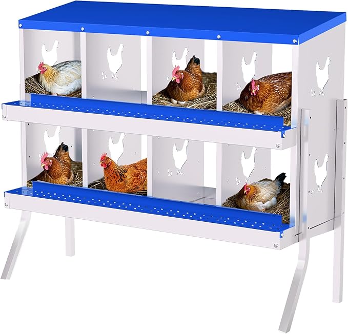 Chicken Nesting Boxes, 8-Hole Roll Away Nest Box for Chicken Coop, Metal Egg Laying Box with Perch & Lid Cover to Protect Eggs, Rollout Egg Collection, Vented Holes-with Legs Blue