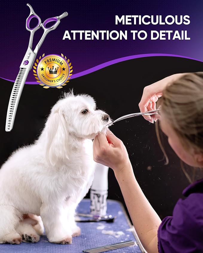 ULG 7.5” Dog Grooming Chunker Shears – 30° Curved Pet Grooming Scissors, Japanese 440C Stainless Steel, 30 Comb & Chunker Teeth, 60% Thinning Rate, Reversible Butterfly Handles for Face, Nose & Body