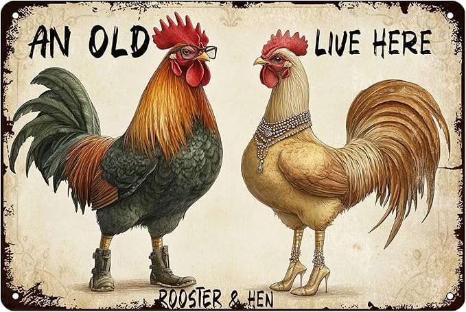 Funny Chicken Metal Sign An Old Rooster A Cute Chick Live Here Vintage Tin Sign For Home Farm Chicken Coop Farmhouse Kicthen Garden Decor 12x8 Inch