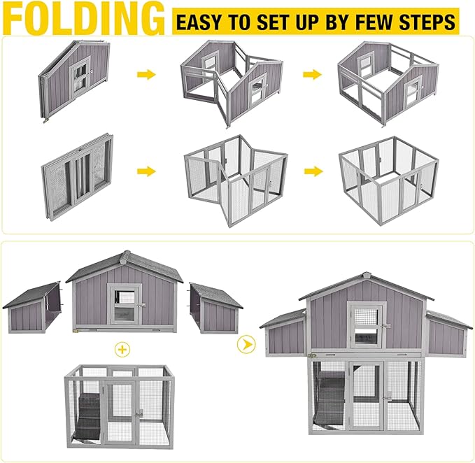 Chicken Coop Portable Chicken House with Metal Edge Easy to Set Up by Few Steps Wooden Poultry Cage with Large Nesting Box,Multi-Levels,26ft²