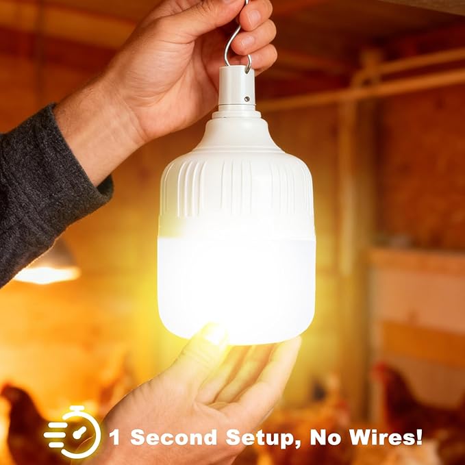 Rechargeable Chicken Coop Light- 3000K Warm Yellow Cordless Hanging Lamp, Rechargeable Battery with Hook, Easy Install No Wiring, Pendant Lights for Chicken Coop, Shed, Farm