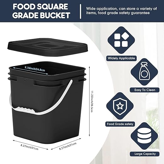 Mumufy 5 Pcs 3.5 Gallon Square Food Grade Bucket with Lid Square Bucket Pail Plastic Handles for Long Term Food Storage, Camping, Fishing, Home Organization Easy Stack and Store (Black)