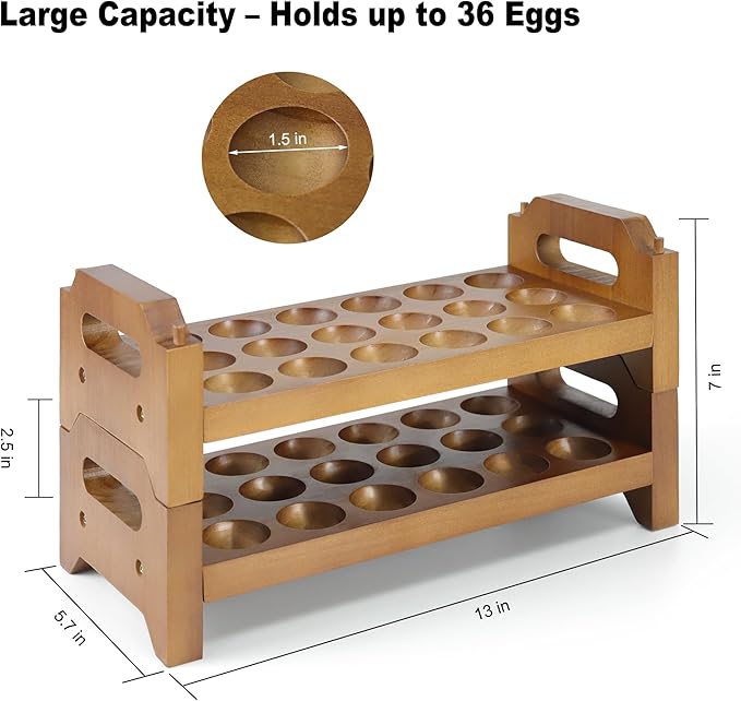 2-Tier Wooden Egg Holder for 36 Eggs, Wooden Egg Holder Countertop with Carry Handle for Chicken, Duck, and Quail Eggs (Stackable)
