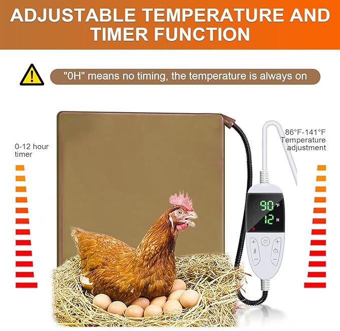 Chicken Heating Pad Chick Brooder Pad Poultry Heated Mat Adjustable Digital Thermostat Brood Heater Warming Blanket with Timer Anti Bite Wire Warmer Bed for Small Animal Pet 15.7 x 23.6 inch