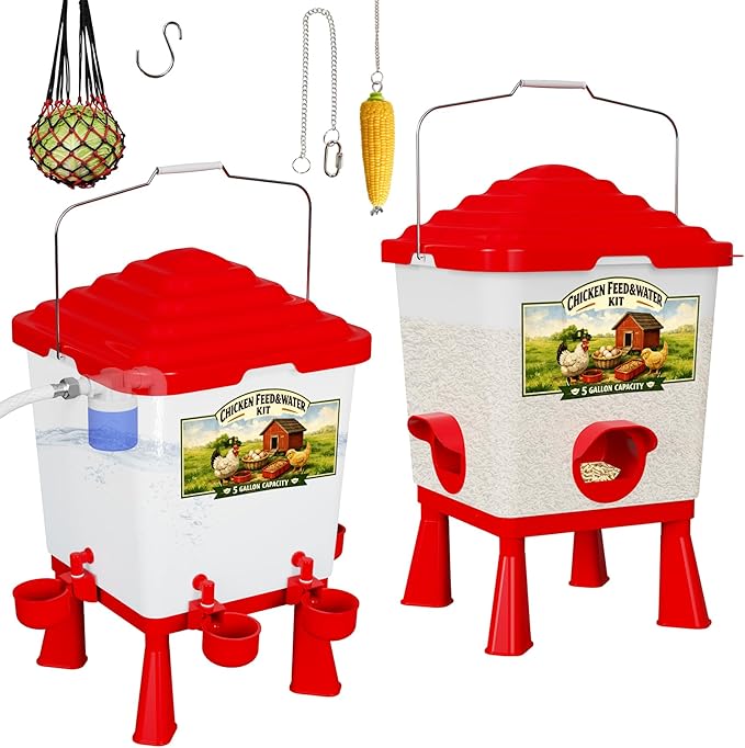 Automatic Chicken Feeder and Waterer Set, Chicken Coop Accessories - 5 Gallon Poultry Nipple Waterer with Stand, Easy Top Fill Chick Feeder (Red)