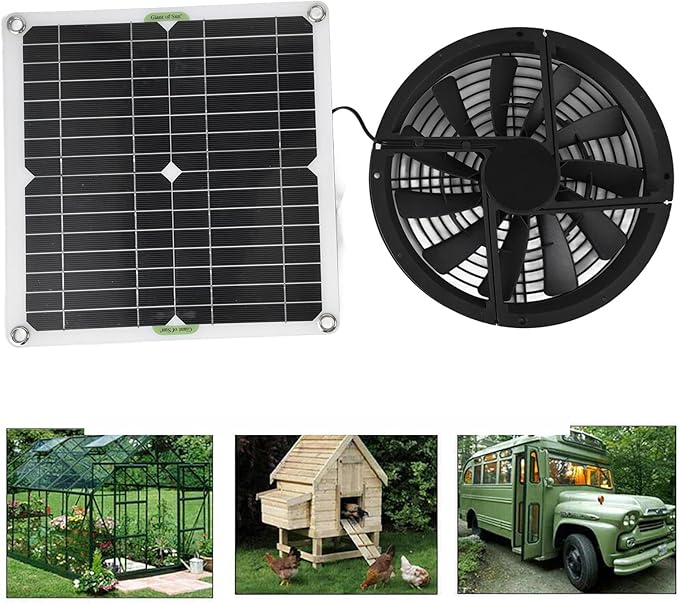Solar Panel Fan Kit, 10In 100W Solar Panel, Round Ventilation Case Exhaust Fan for Small Chicken Coop, Greenhouse, Shed, Pet House, Window Exhaust