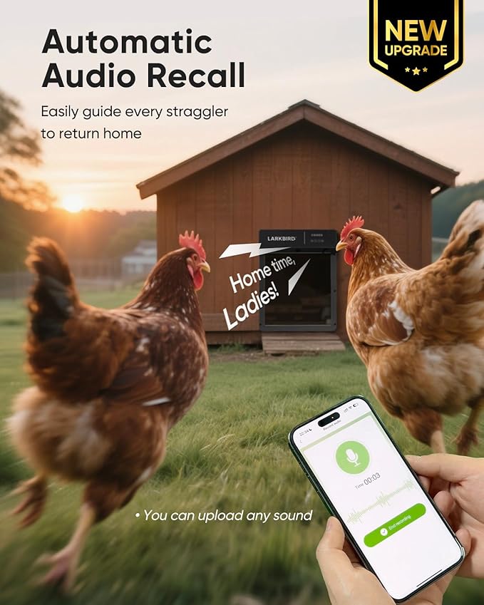 LARKBIRD Automatic Chicken Coop Door with Audio Recall Function, Solar Chicken Coop Door with Timer & Light Sensor, App Control Chicken Door with Anti-Pinch System (Gray)