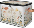 Mushroom Botanical Flower Plants Storage Bins With Lids Fabric Collapsible Storage Box with Leather Handles for Home Bedroom Foldable Closet Shelf Organizer