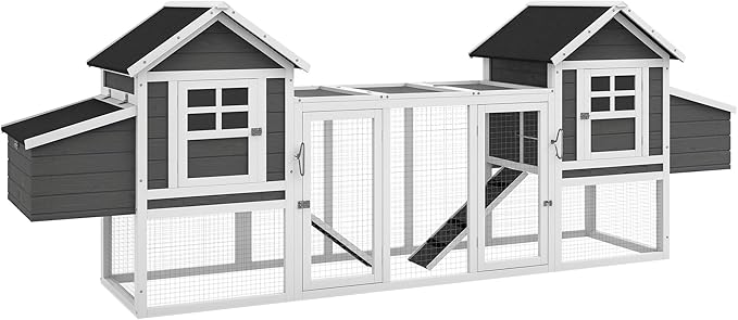 PawHut Dual Wooden Chicken Coop with Garden Bed, Large Outdoor Hen House with Nesting Boxes Removable Trays, Ramps Run, for Garden Backyard, 123" x 27.5" x 42.5", Dark Gray