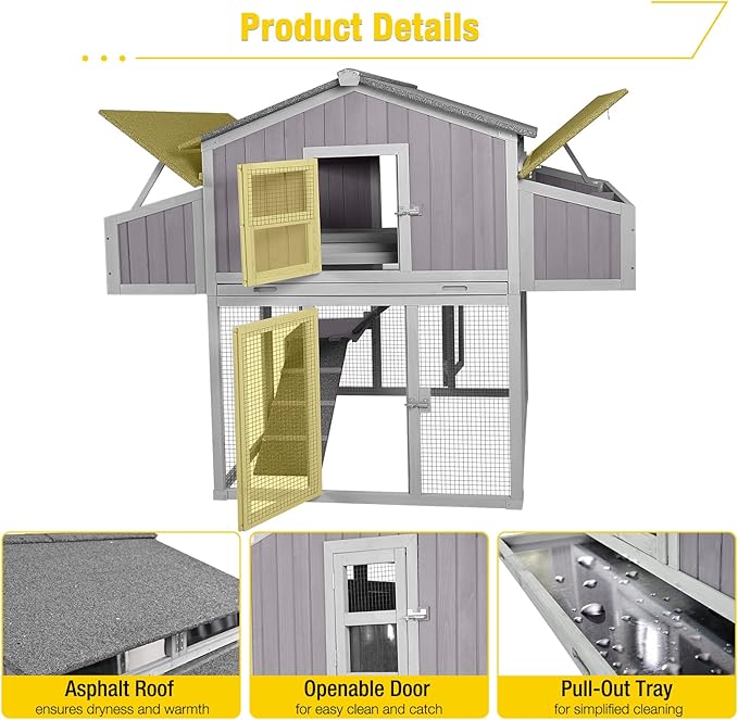 AIVITUVIN Large Chicken Coop for 6-8 Chickens Outdoor Chicken House with Two Nesting Box Folding Design Leakproof Pull-on Tray