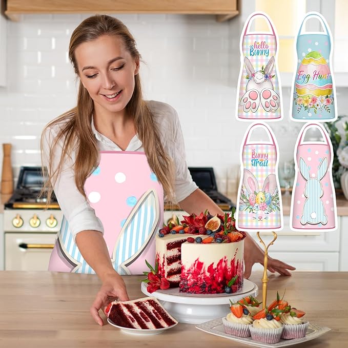 4 Pack 23x30 Inch Easter Bunny Eggs Aprons Buffalo Plaid Aprons Vintage Chef Bib Adjustable Washable Kitchen Aprons(Vivid Style)