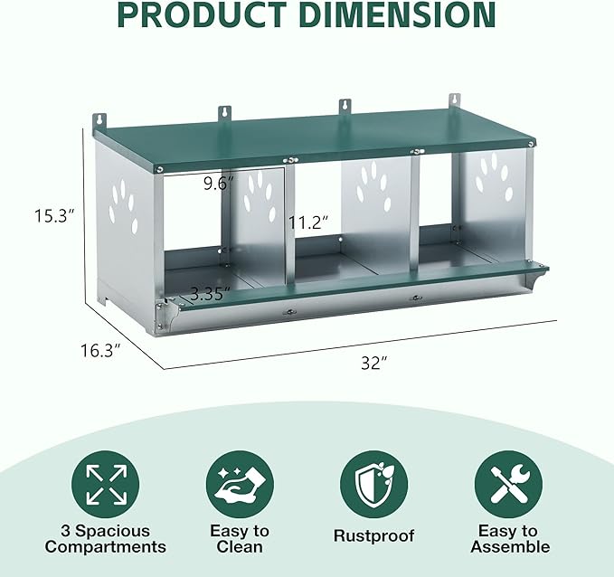 3/4 Compartment Chicken Nesting Boxes, Metal Wall Mount Chicken Egg Laying Box with Roll Out Egg Collection, Galvanized Steel Chicken Nesting Box for Laying Hens, Easy to Clean & Assemble (3-Hole)