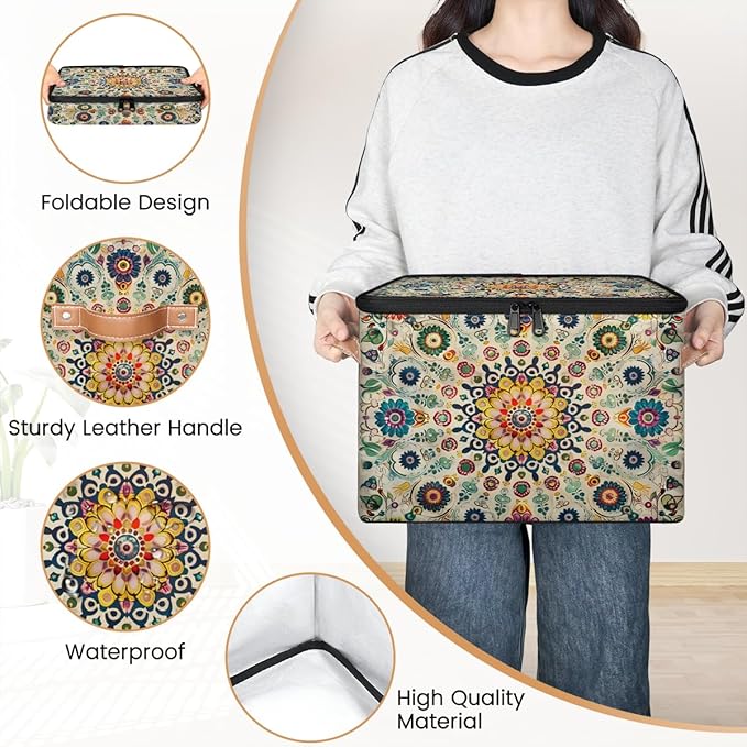 Vintage Boho Storage Bins with Zipper Lid Fabric Storage Containers for Clothes Collapsible Closet Storage Basket with Metal Frame 1 Pack