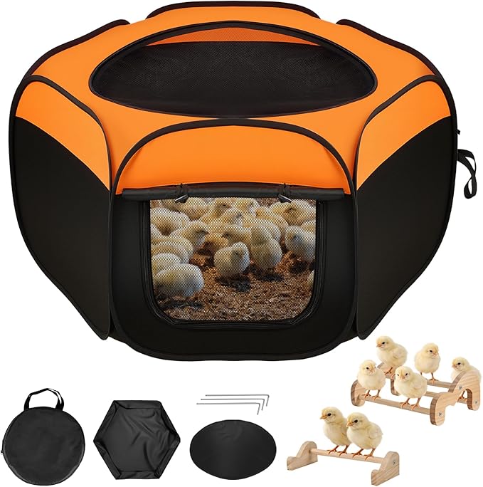 Brooder Box for Chicks, Pop-Up Chicken Brooder Playpen with Dual Doors, Mesh Top Cover & Waterproof Mat, Portable Chick Enclosure for Baby Chicks, Ducks & Quail, Holds Up to 20 Chicks