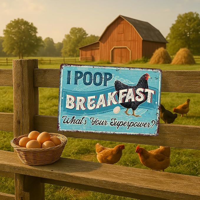 Funny Chicken Coop Signs,I Poop Breakfast Funny Farm,Vintage Metal Chicken Decor For Home Farm Yard Garden Kitchen Outdoor 8" x 12", Retro Turquoise Tin Signs