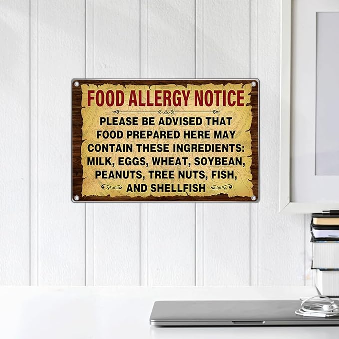 Food Allergy Notice Metal Sign 12 x 8 Inch Restaurant Cafe Kitchen Dining Area Canteen Wall Decor Safety Warning Signage For Preparation Areas Art Home Outdoor Vintage