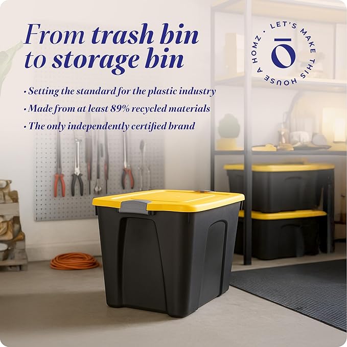 Homz 22-Gallon Durabilt Plastic Stackable Home Office Garage Storage Organization Container Bin w/Latching Lid and Handles, Black/Yellow (4 Pack)