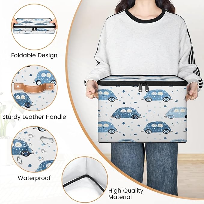 Storage Cubes with Lid Fabric Storage Bins Boxes PU Leather Handles, Cute Cars Closet Organizer Container Foldable Washable Shelf Cloth Basket, Cartoon Car