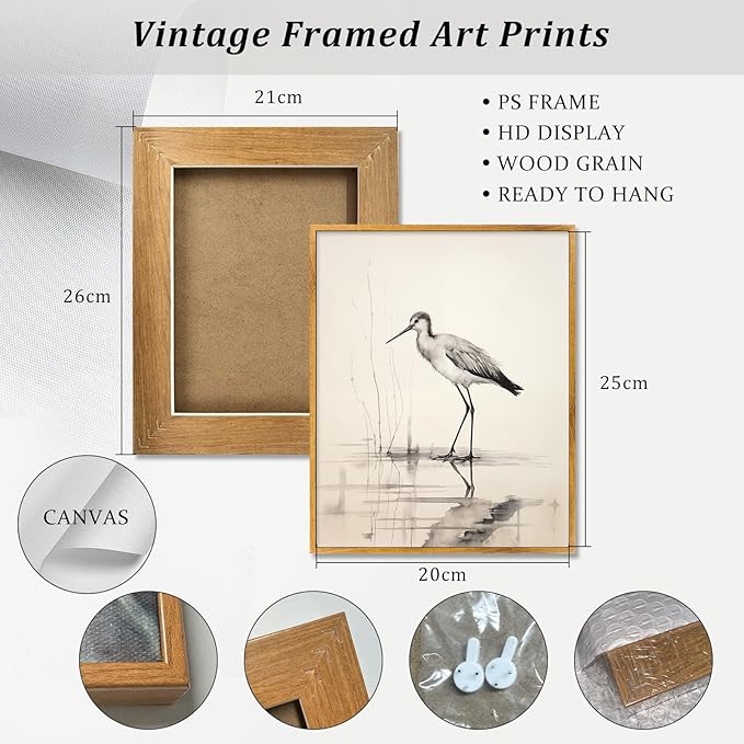 Framed Vintage Bird Wall Art Antique Animal Paintings Neutral Animal Pictures Abstract Stork Poster Rustic Farmhouse Artwork Rustic Sketch Wall Art Retro Lake Poster for Bedroom Wall Decor 8x10inch