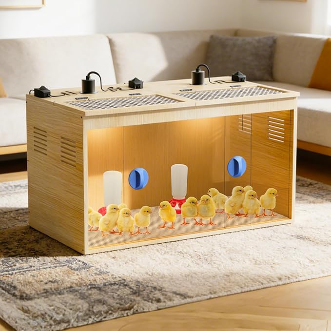 Brooder Box for Chicks, 32 Inch Large Wooden Chicken Brooder Box with 75W Heat Lamps, Thermometer, Chicken Feeder & Waterer Set, Tin Foil, Ideal for 12-15 Newborn Chicks Ducks Quails, Large