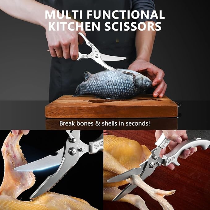 Heavy Duty Poultry Shears with Fish Scaler, Spring Loaded Kitchen Scissors for Food, 2CR14 Steel, Safety Lock, Silver Handle, Dishwasher Safe – Tutuyao Chicken Turkey Meat Fish Scissors