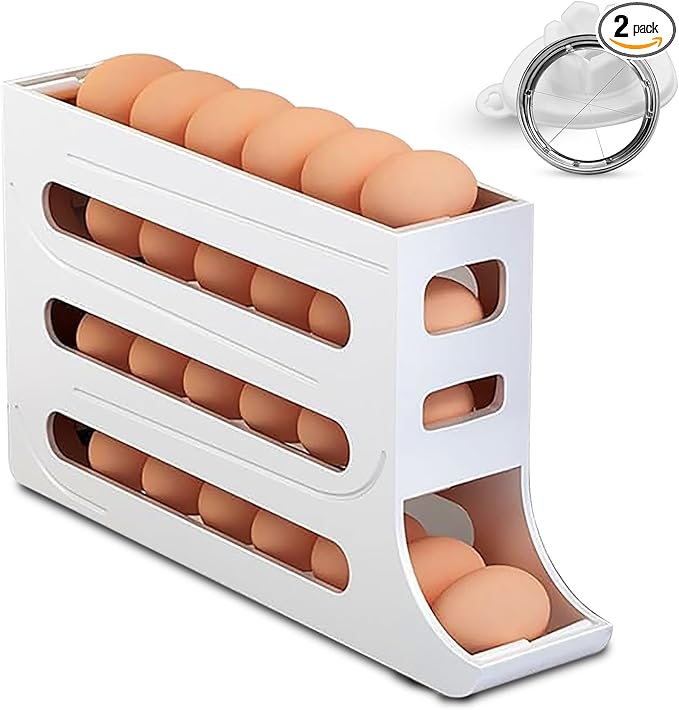 ZAYLAN Egg Holder for Fridge, Auto Rolling Egg Roller/Dispenser/Organizer/Storage Container, Space-Saving 4-Tier Egg Tray for 28 Eggs, Refrigerator, Kitchen & Countertop with Flower Egg Cutter (WHITE)