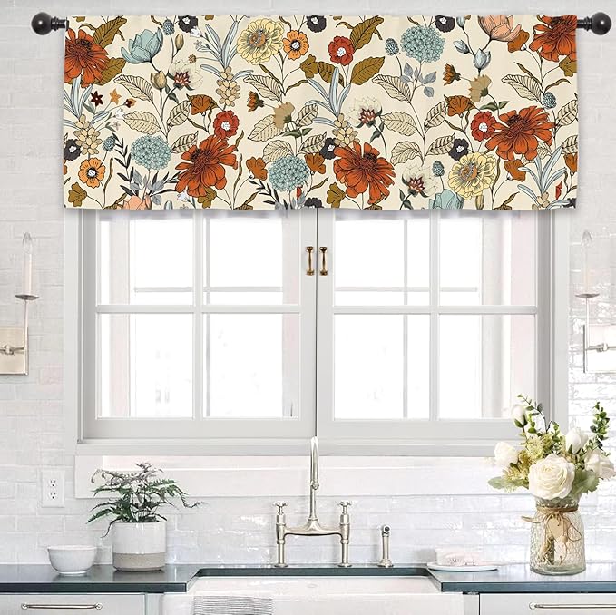 Flower Vintage Kitchen Curtain Valance 54W x 18L Inch Burnt Orange Blossom Botanical Plant Rod Pocket Short Cafe Small Window Treatment Drapes Decor