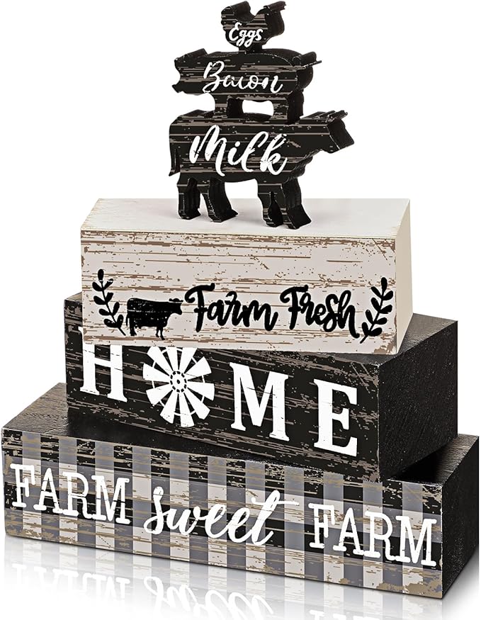 Geelin 4 Pcs Farmhouse Kitchen Signs Cow Rooster and Pig Decors Rustic Wooden Signs Country Table Centerpiece Tiered Tray Decor Table Top Sign for Home Kitchen