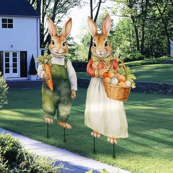 Easter Decorations Outdoor Yard Signs: 2pcs Large Metal Vintage Bunny with Carrot Eggs, Farmhouse Rustic Yard Decoration with Stakes, Lawn Garden Decor for Kids Family Home Outside Spring Easter Party