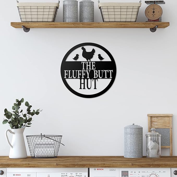 Pangda Chicken Coop Decor 11.8" Fluffy Butt Hut Sign Chicken Coop Signs Metal Accessories Kitchen Farmhouse Wall Art Retro Vintage Wall Art for Hen Lovers and Home Kitchen Decoration (Black)