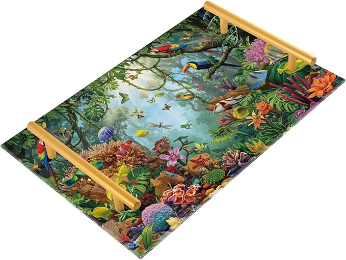 Bathroom Vanity Tray Counter Organizer, Tropical Rainforest Ecosystem Decorative Tray with Handles Countertop Storage for Bathroom Bedroom Kitchen Home Farmhouse