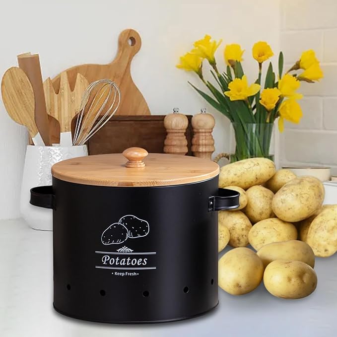 Potato Storage Tin Vegetables Storage Bin, Kitchen Organizer Kitchen Canister, Food Storage Container for Countertop Pantry, Black Large