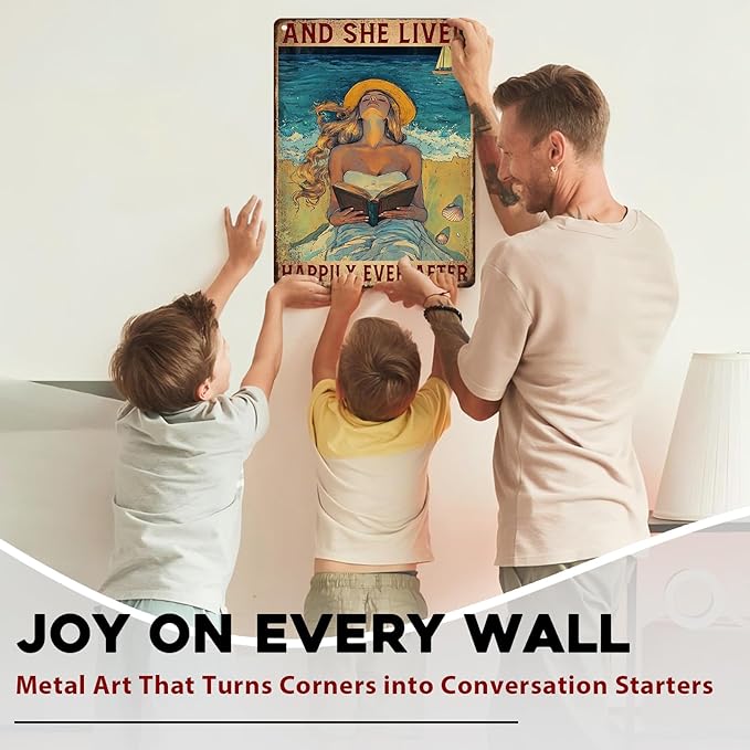 Vintage Inspired Quote Metal Tin Sign And She Lived Happily Ever After Rustic Home Decor For Cozy Corner Bookstore Cafe Girls Room Storybook Theme 12x16inch